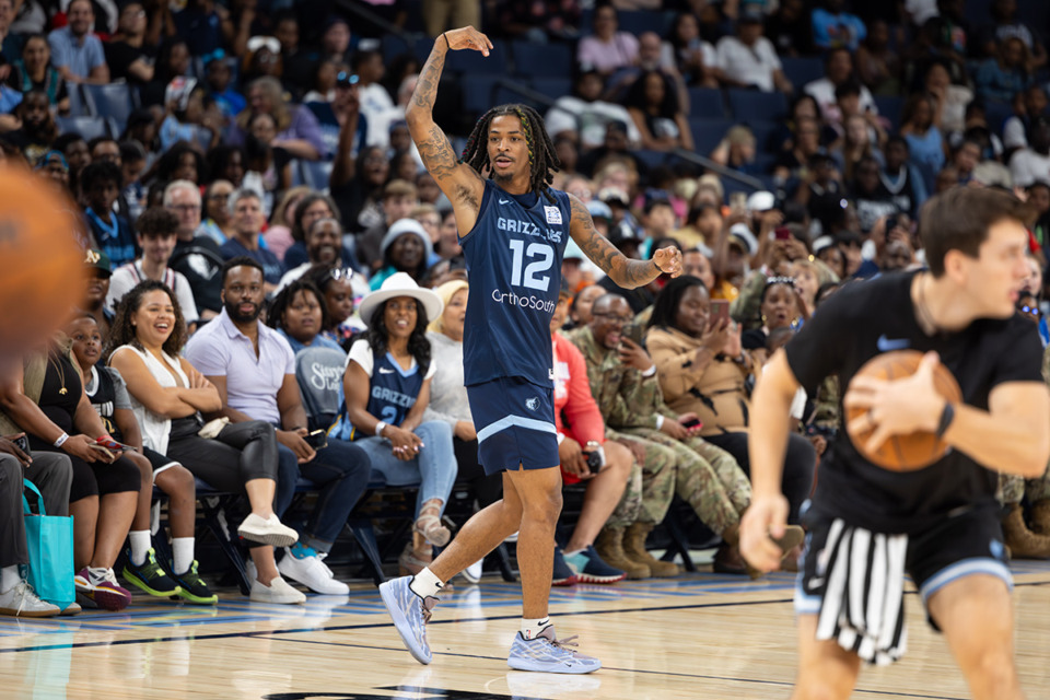 <strong>Memphis Grizzlies guard Ja Morant reacts at the Memphis Grizzlies open practice on Sunday, Oct. 6, 2024, at FedExForum.</strong> (Wes Hale/Special to The Daily Memphian)