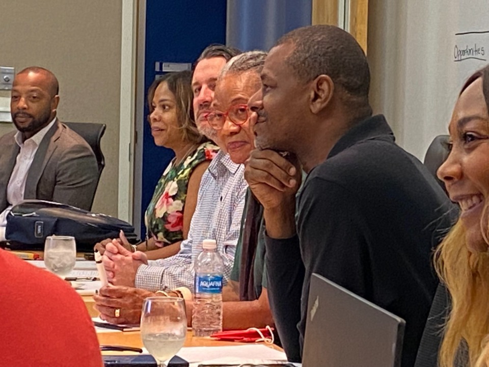 <strong>From left, Shelby County commissioners Mickell Lowery, Shante Avant, Mick Wright, Henri Brooks and Charlie Caswell were among a group of 12 who met Sept. 25 at the University of Memphis for a retreat.</strong> (Bill Dries/The Daily Memphian)