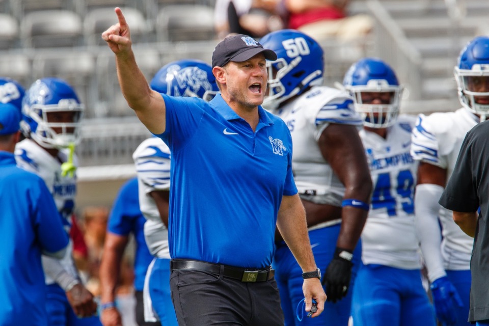 <strong>Memphis coach Ryan Silverfield directs his team before the start of a Sept. 14, 2024, game against Florida State in Tallahassee, Florida.</strong> (AP File Photo/Colin Hackley)