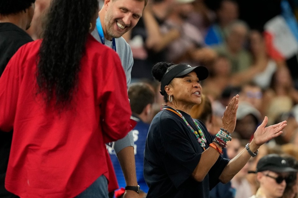 <strong>Dawn Staley claps during a women's gold medal basketball game at Bercy Arena at the 2024 Summer Olympics, Sunday, Aug. 11, 2024, in Paris, France.</strong> (AP Photo/Mark J. Terrill)