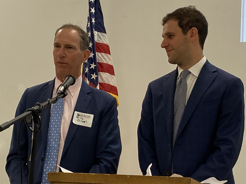 <strong>Billy Orgel (left) and his son Benjamin Orgel, developers of Providence Place in Arlington, speak at a luncheon in 2022.</strong> (Michael Waddell/Special to the Daily Memphian file)