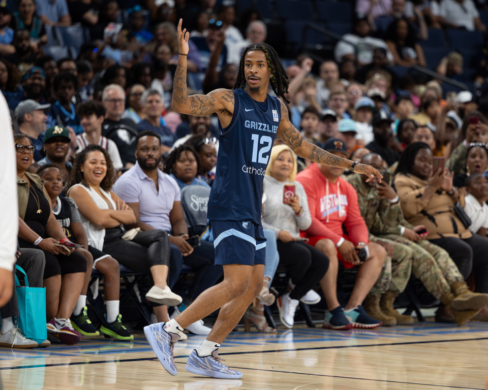 <strong>Memphis Grizzlies guard Ja Morant reacts at the Memphis Grizzlies open practice Oct. 6 at FedExForum.</strong> (Wes Hale/Special to The Daily Memphian)