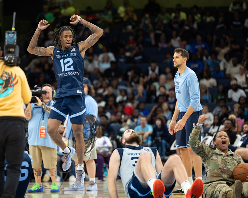 <strong>Memphis Grizzlies guard Ja Morant reacts at the team's open practice Oct. 6 at FedExForum.</strong> (Wes Hale/Special to The Daily Memphian)