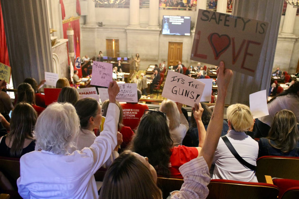 <strong>Gun-control advocates sit in the balcony of the Tennessee House of Representatives April 23 to protest legislation to let school employees carry handguns if they meet certain requirements. The bill passed, and Gov. Bill Lee signed it soon after.</strong> (Courtesy Marta W. Aldrich/Chalkbeat)