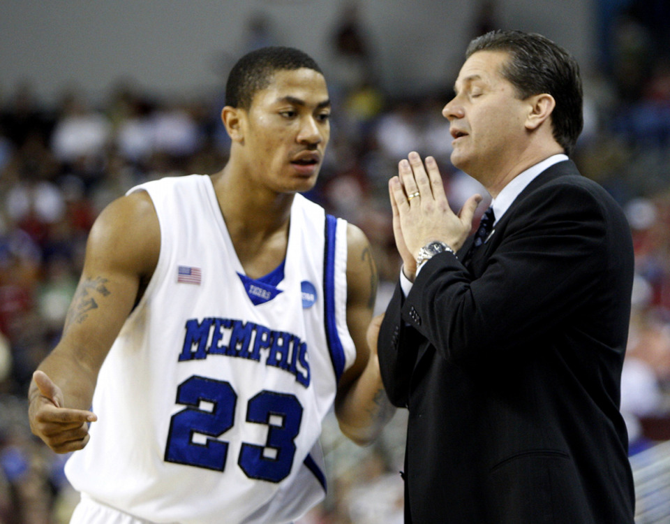 <strong>Memphis coach John Calipari talks to Memphis guard Derrick Rose (23) during a time out during a game against Mississippi State in the NCAA men's basketball second-round South Regional game, Sunday, March 23, 2008, in North Little Rock.</strong> (Sue Ogrocki/AP Photo file)