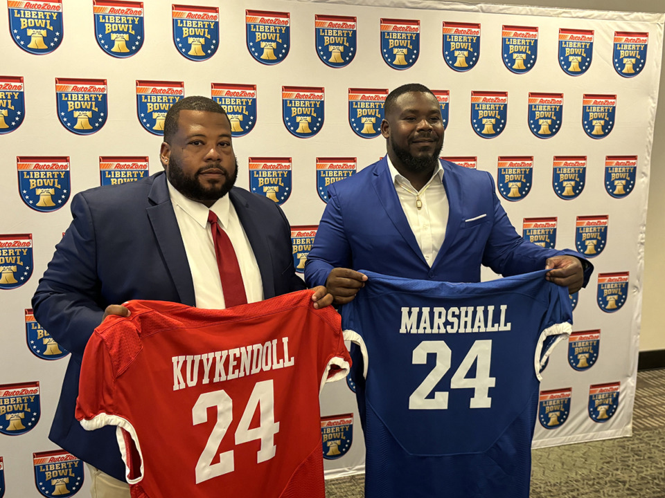 <strong>These are the head coaches of this year&rsquo;s AutoZone Liberty Bowl High School All-Star Game. Left is Ed Kuyendoll, coach of the Red Team, and right is CJ Marshall, coach of the Blue Team.</strong> (Tim Buckley/The Daily Memphian)