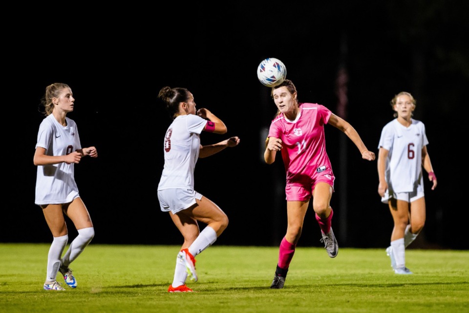 <strong>St. George's Elle Weathersby heads the ball during the match against ECS Thursday, Sept. 5. St. George&rsquo;s beat ECS for a region title Thursday, Oct. 10, 2024.</strong> (Benjamin Naylor/The Daily Memphian file)