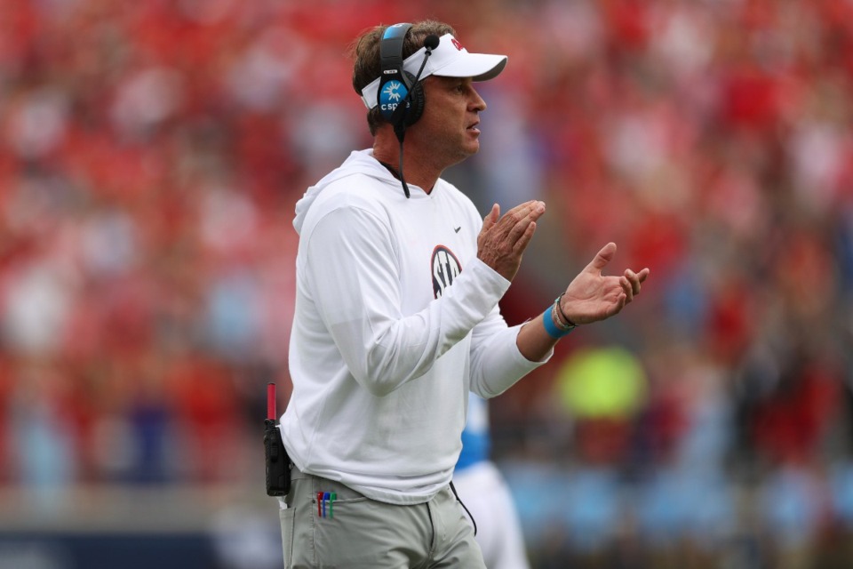 <strong>Mississippi head coach Lane Kiffin reacts after a touchdown during the first half of an NCAA college football game against Kentucky Saturday, Sept. 28, 2024, in Oxford, Miss.</strong> (AP Photo/Randy J. Williams)