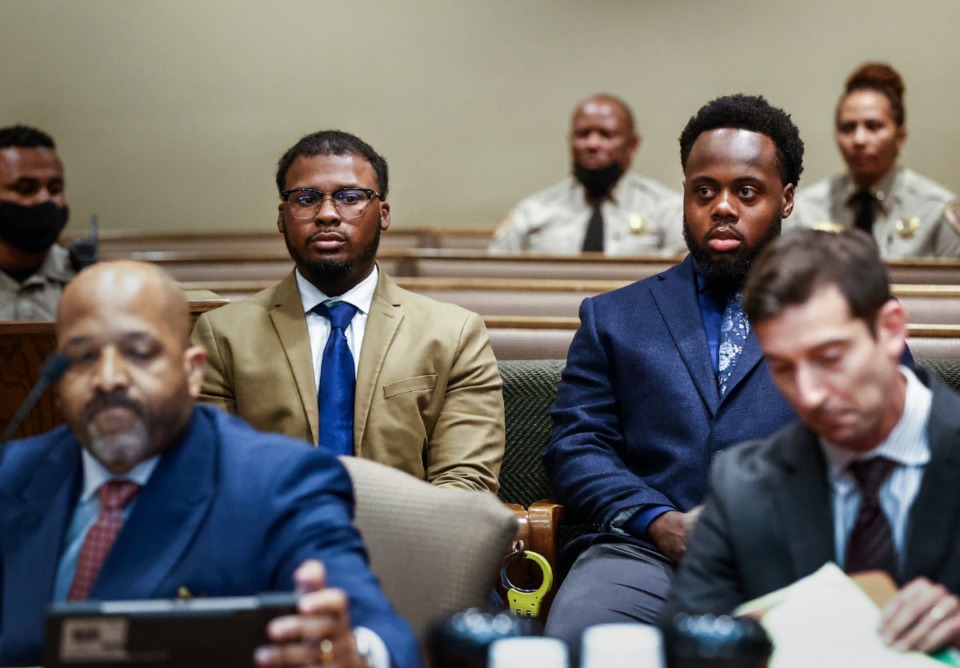 <strong>Former Memphis Police Officers Justin Smith (back left) and Tadarrius Bean (back right) were convicted earlier this month of obstruction of justice.</strong> (Mark Weber/The Daily Memphian file)