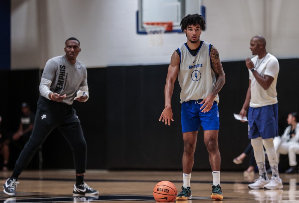 <strong>University of Memphis guard PJ Haggerty (4) gets ready to run a drill during the Tigers' pro day at the Laurie-Walton Basketball Center on Oct. 3, 2024.</strong> (Patrick Lantrip/The Daily Memphian)