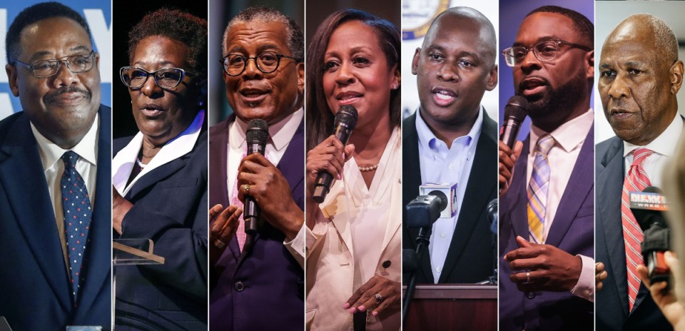 <strong>Mayoral candidates at the ABC-TV Channel 24 debate Sept. 11, 2023, included (from left) Floyd Gibson Jr., Karen Camper, J.W. Gibson, Michelle McKissack, Van Turner and Paul Young. Young won with 28% of the vote, which raises the question of returning to runoffs.</strong>&nbsp;(The Daily Memphian files)