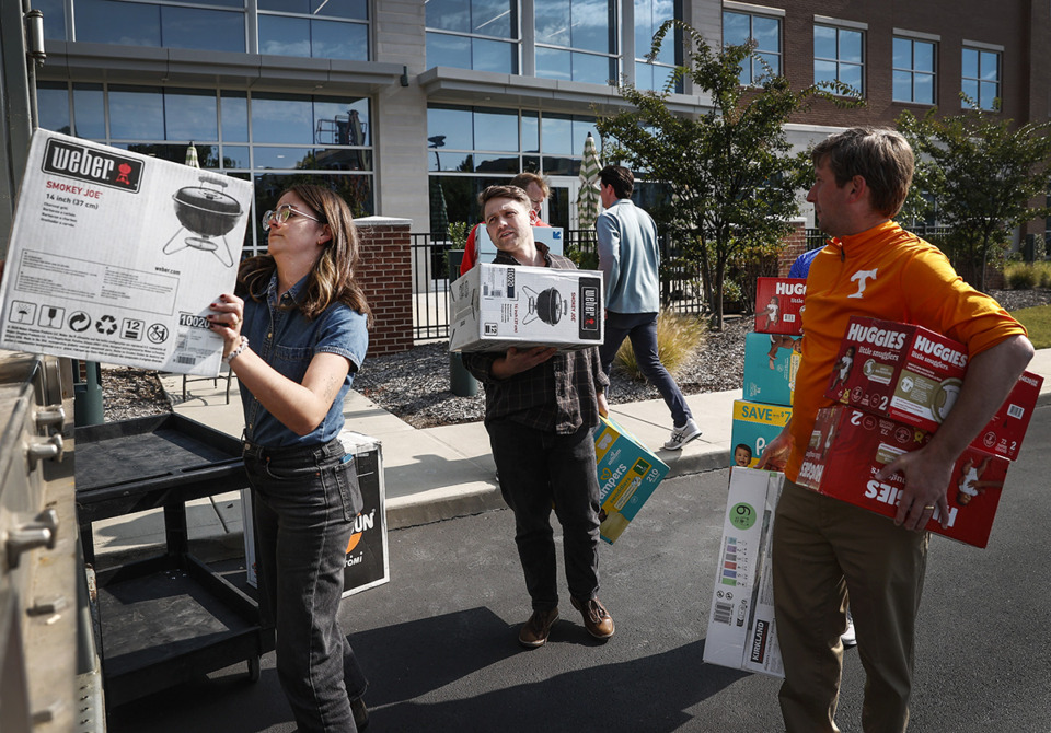 <strong>IMC employees load a 20-foot trailer&nbsp;on Monday, Oct. 14, 2024, with supplies heading to Eastern Tennessee to help hurricane victims.</strong> (Mark Weber/The Daily Memphian)