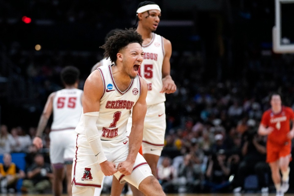 <strong>Alabama guard Mark Sears (1) celebrates after scoring during the first half of an Elite 8 college basketball game against Clemson in the NCAA tournament Saturday, March 30, 2024, in Los Angeles.</strong> (AP Photo/Ashley Landis, File)