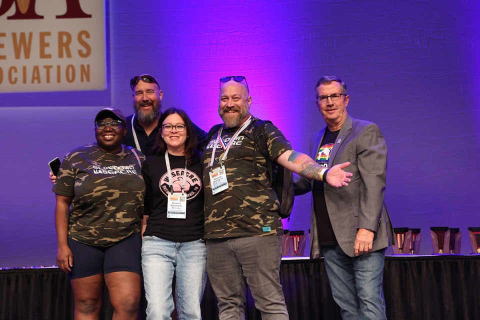 <strong>From left to right: Nicole Rugayo, Andy Berg, Melissa Latil and Ben Aviotti were in Denver for the festival and award ceremony.&nbsp;Bob Pease, far right, is president of the Brewer&rsquo;s Association.</strong> (Courtesy Wiseacre Brewing Co.)