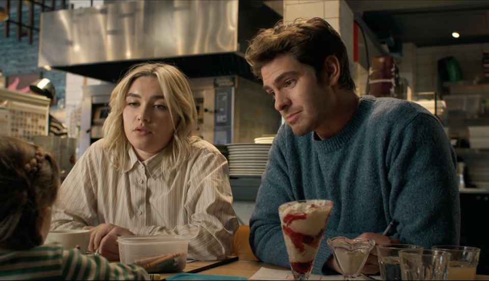 <strong>Florence Pugh, left, and Andrew Garfield, right, star in "We Live in Time."</strong> (Courtesy A24)