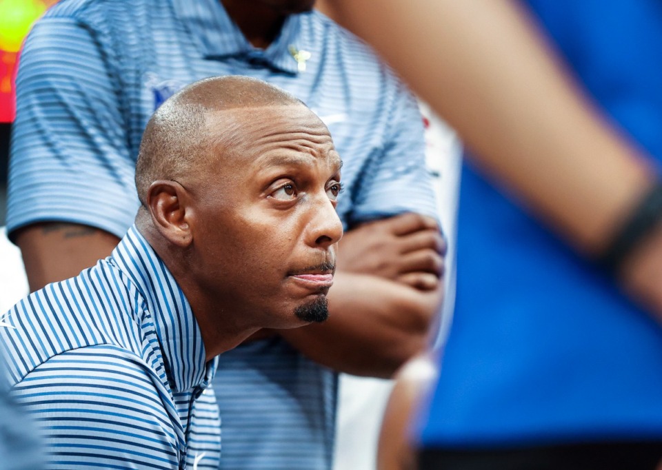 <strong>University of Memphis head coach Penny Hardaway watches his team during the game against North Carolina on Tuesday, Oct. 15, 2024.</strong> (Mark Weber/The Daily Memphian)