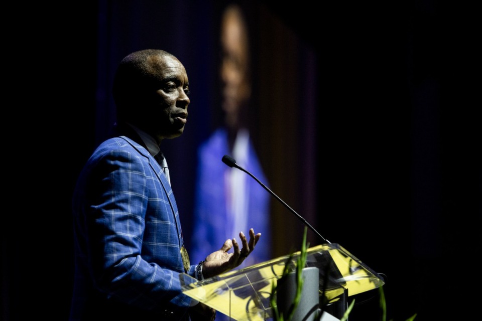 <strong>Andre Turner speaks during the 2024 Memphis Sports Hall of Fame Induction Ceremony at the Renasant Convention Center on Wednesday, Oct. 16.</strong> (Brad Vest/Special to The Daily Memphian)