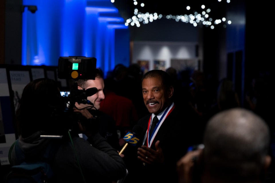 <strong>Jarvis Greer speaks to the media during the 2024 Memphis Sports Hall of Fame Induction Ceremony at the Renasant Convention Center on Wednesday, Oct. 16.</strong> (Brad Vest/Special to The Daily memphian)