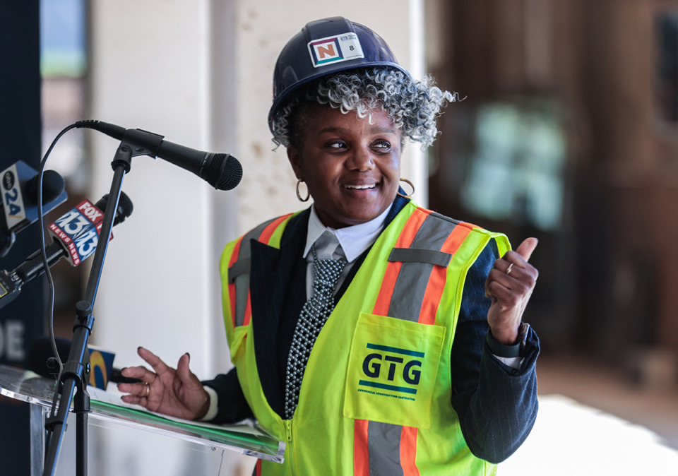 <strong>Roshun Austin, president and CEO of The Works Inc., speaks at a tour of Northside Square Oct. 17, 2024.</strong> (Patrick Lantrip/The Daily Memphian)