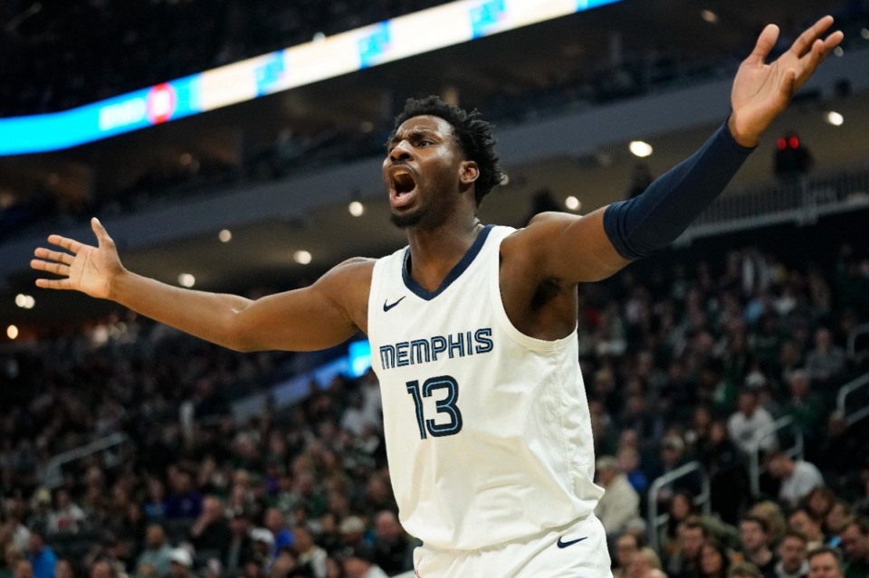 <strong>Memphis Grizzlies' Jaren Jackson Jr. reacts to a call during the first half of an NBA basketball game against the Milwaukee Bucks Wednesday, April 3, 2024, in Milwaukee.&nbsp;Jackson will not play in the last preseason game of 2024 as he continues to recover from a hamstring strain.</strong> (Aaron Gash/AP Photo file)