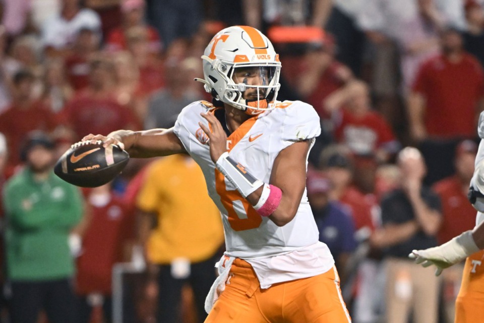 <strong>Tennessee quarterback Nico Iamaleava (8) is averaging 203.2 yards passing per game with seven touchdown passes and three interceptions.</strong> (Michael Woods/AP)