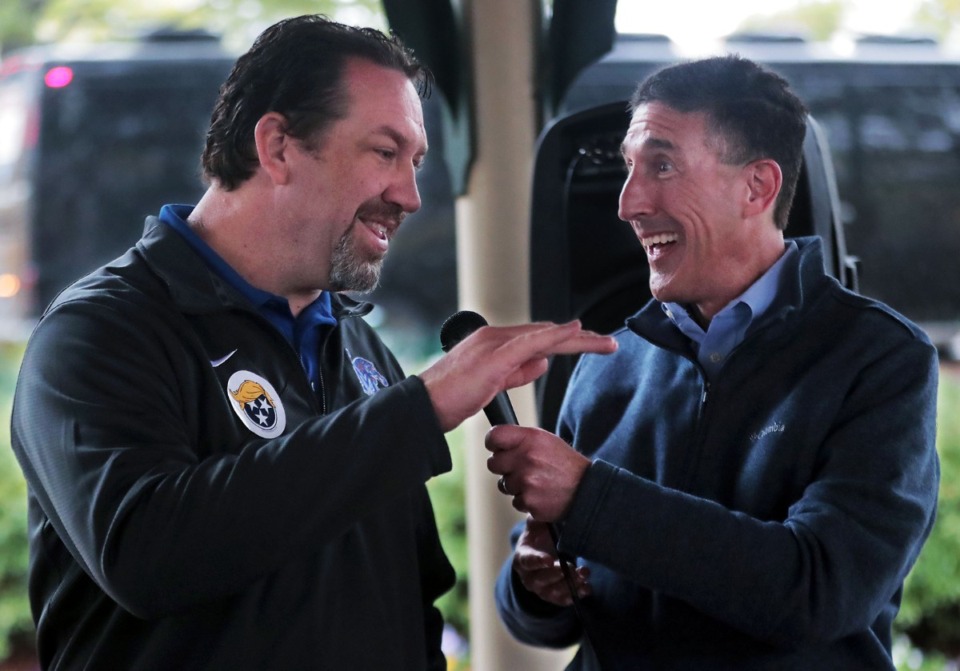 <strong>Tennessee State Rep. Jeremy Faison, R-Cosby, left, is an original sponsor of the guns in cars law. He is with U.S. Rep. David Kustoff during a campaign event in Collierville Town Square Oct. 28, 2020. Faison told The Daily Memphian he believes gun owners should properly secure their guns.</strong> (Patrick Lantrip/Daily Memphian file)