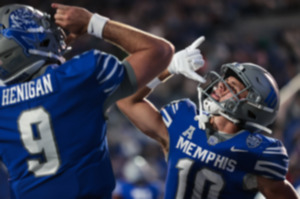 <strong>University of Memphis receiver Koby Drake (10) celebrates a touchdown with quarterback Seth Henigan (9) during a game against North Texas Oct. 19, 2024.</strong> (Patrick Lantrip/The Daily Memphian)