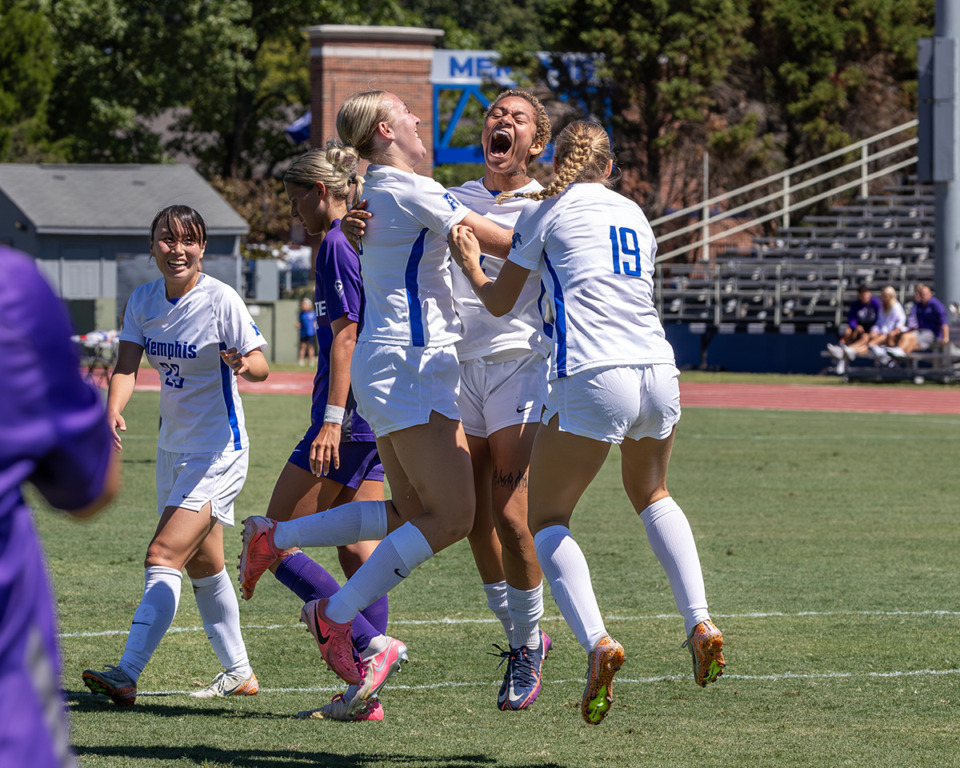 <strong>Ashley Henderson (4) of the Memphis Tigers women&rsquo;s soccer team celebrates a goal with teammates during the game between Memphis and Kansas State on Sunday, Sept. 8, 2024, in Memphis.</strong> (Wes Hale/Special to The Daily Memphian file)&nbsp;