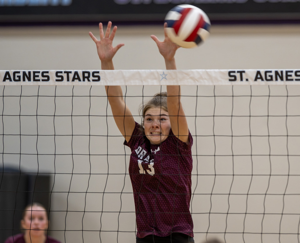 <strong>Collierville&rsquo;s opening match is Tuesday vs. Brentwood at Rockvale High. Collierville High sophmore Bailey Thornton blocks a shot by St. Agnes in an August 2024 match at St. Agnes.</strong> (Greg Campbell/Special for The Daily Memphian file)