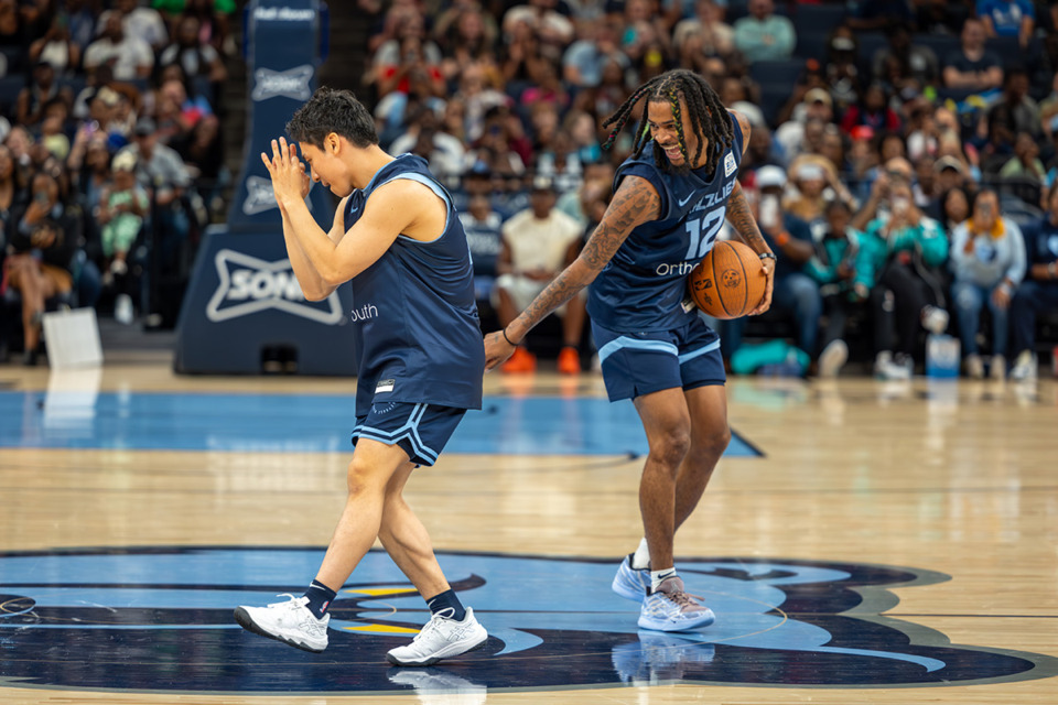 <strong>Memphis Grizzlies guards Ja Morant and Yuki Kawamura (17) dance at the team's open practice on Sunday, Oct. 6, 2024, at FedExForum</strong>. (Wes Hale/Special to The Daily Memphian)