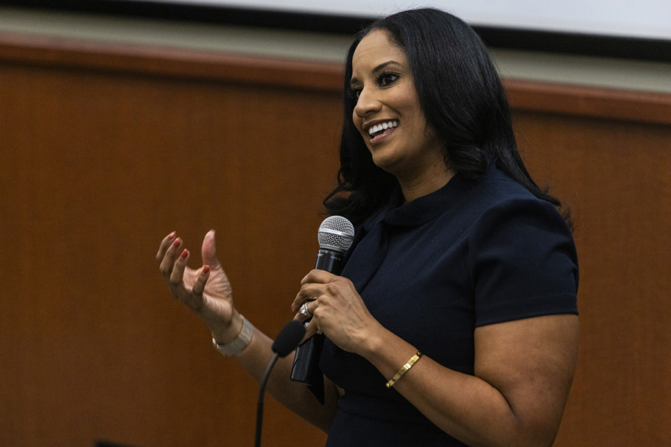 <strong>MEMPHIS, TN - October 21, 2024: Memphis first lady and BHSU nursing graduate Jamila Smith-Young speaks during the third annual SHE (Science, Health, Empowerment) Leads the Way Symposium at Baptist Memorial Hospital-Memphis campus.</strong> (Brad Vest/Special to The Daily Memphian)