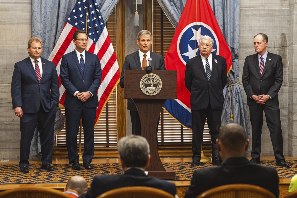 <strong>Tennessee Gov. Bill Lee, flanked by Republican legislative leaders, speaks with reporters after the 2024 General Assembly adjourned on April 25 in Nashville. The defeat of Lee's universal voucher proposal was a major setback for his administration.</strong> (Courtesy State of Tennessee)