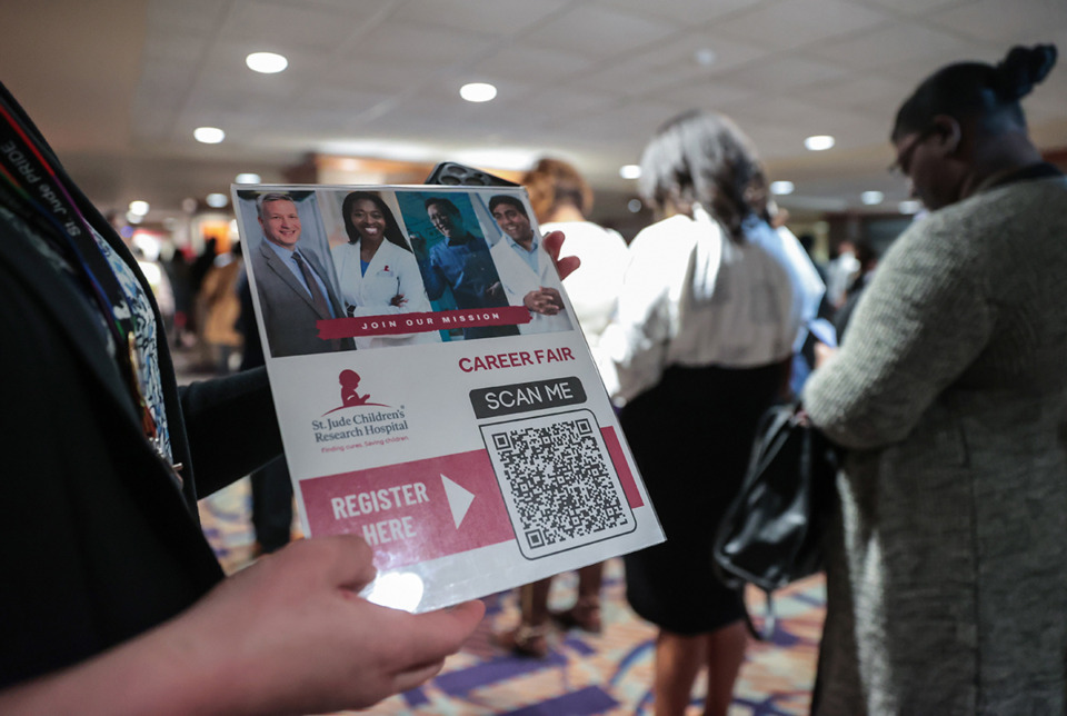 <strong>Applicants are asked to check in at a St. Jude Children&rsquo;s Research Hospital job fair held at the Holiday Inn-University of Memphis Oct. 22.</strong> (Patrick Lantrip/The Daily Memphian)