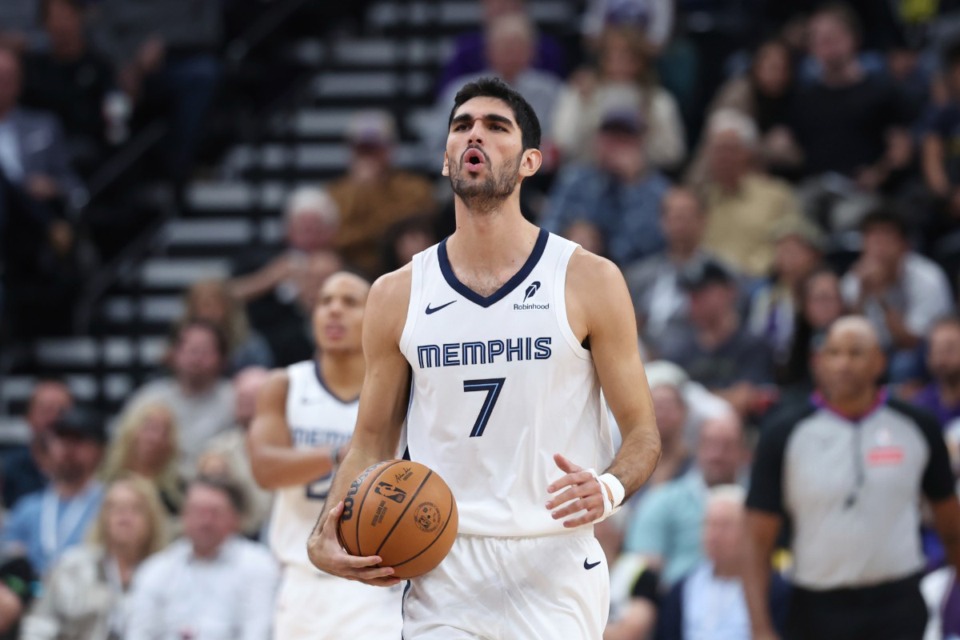 <strong>Memphis Grizzlies forward Santi Aldama (7) led the Memphis Grizzlies with 27 points in the season-opening win over Utah on Wednesday, Oct. 23, 2024, in Salt Lake City.</strong> (Rob Gray/AP)