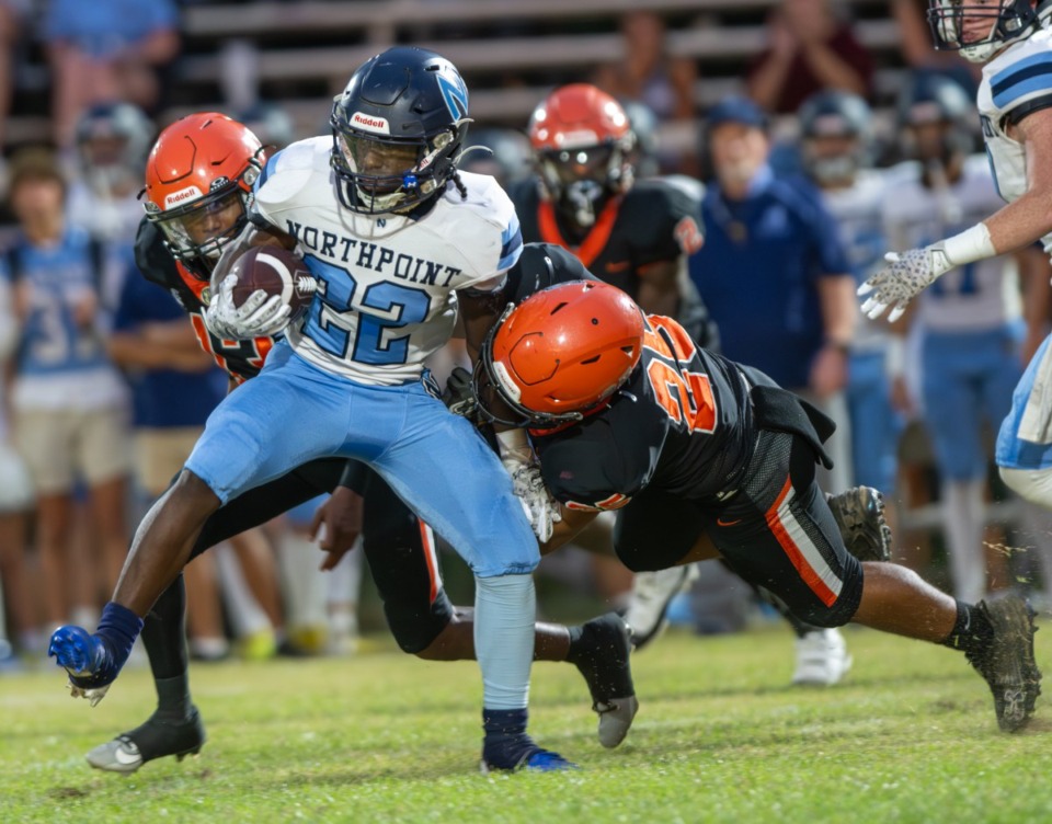 <strong>Northpoint running back Domontae' Dillard fights through the Fairley defensive line in September. Lausanne-Northpoint is one of the games to watch this week.</strong> (Greg Campbell/The Daily Memphian file)