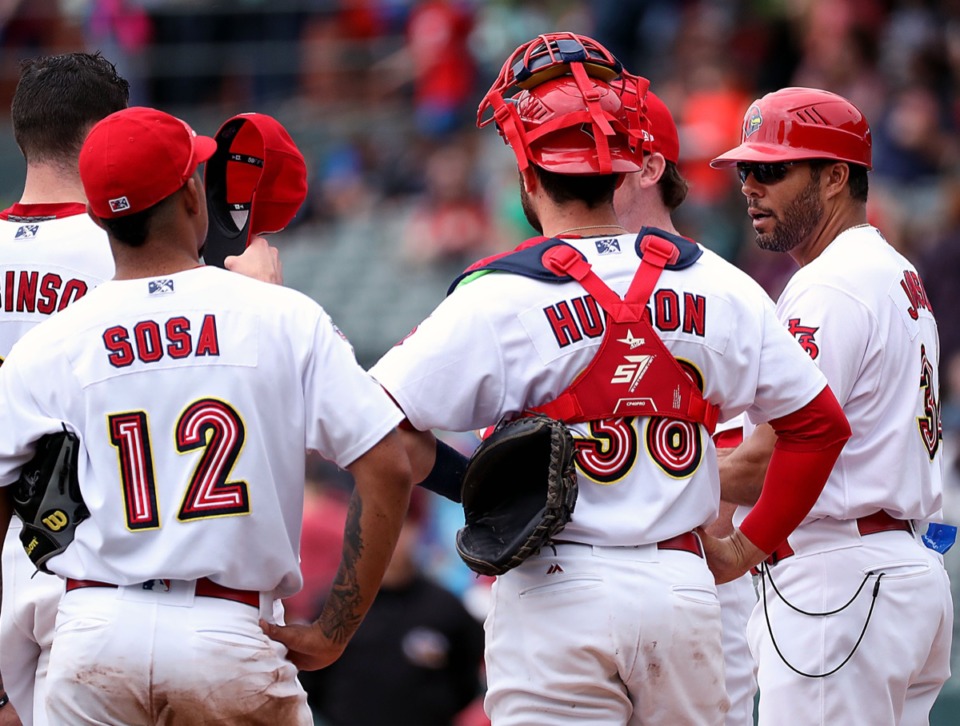 <strong>&ldquo;He&rsquo;s a little more relaxed now,&rdquo; said Redbirds catcher Joe Hudson, second from right, about first-year manager Ben Johnson, right. &ldquo;Not to say he was a drill sergeant at the beginning of the year, he wasn&rsquo;t. He just wanted to make sure we were doing things the right way."</strong> (Patrick Lantrip/Daily Memphian)