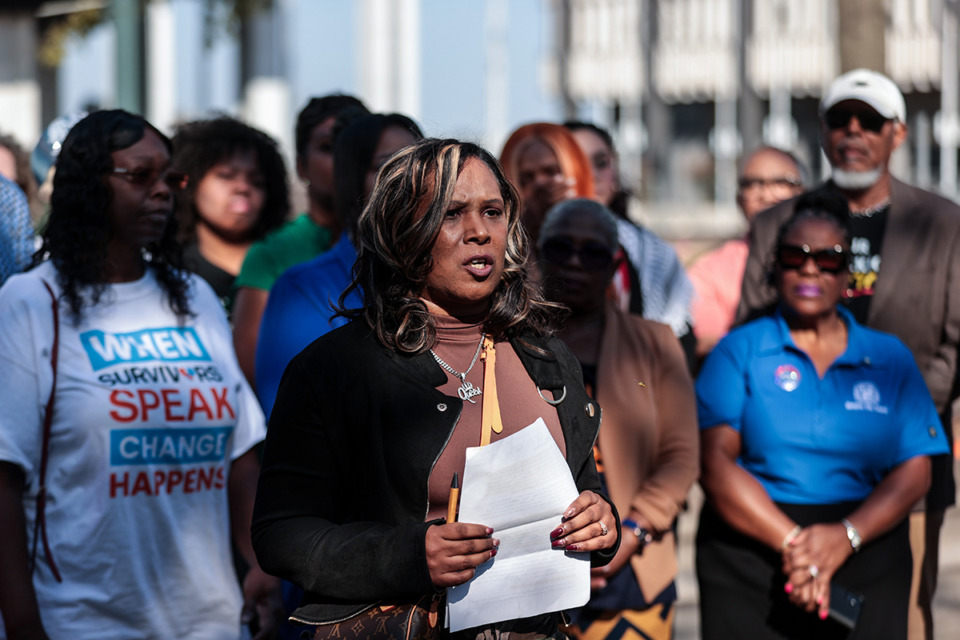 <strong>Gun violence survivor Rafiah Muhammad speaks at a press conference outside of Memphis City Hall Oct. 24, 2024.</strong> (Patrick Lantrip/The Daily Memphian)