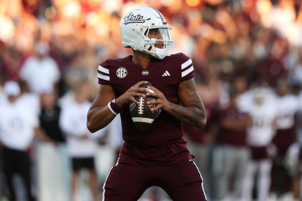 <strong>Mississippi State quarterback Michael Van Buren Jr. (0) looks to throw the ball during the second half of an NCAA college football game against Texas A&amp;M, Saturday, Oct. 19, 2024, in Starkville, Miss</strong>. (Randy J. Williams/AP File)