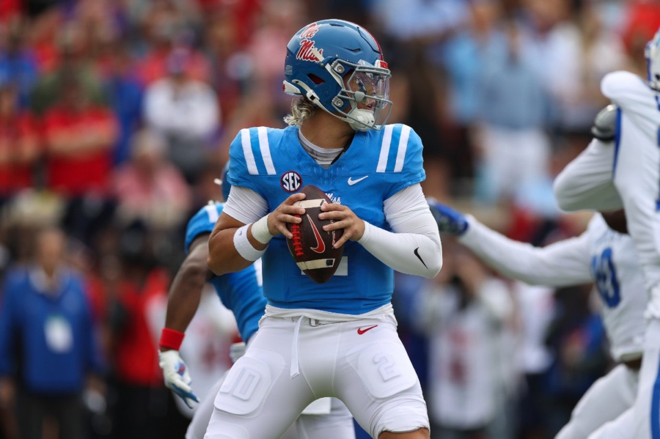 <strong>Mississippi quarterback Jaxson Dart (2) looks to throw the ball during the first half of an NCAA college football game against Kentucky Saturday, Sept. 28, 2024, in Oxford, Miss.</strong> (Randy J. Williams/AP)