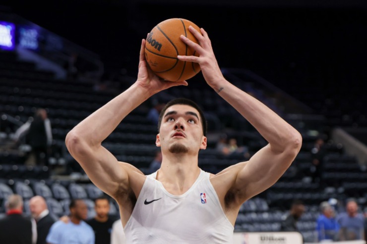 Memphis Grizzlies center Zach Edey (14) warms up before an NBA basketball game, Wednesday, Oct. 23, 2024, in Salt Lake City. (Rob Gray/AP)