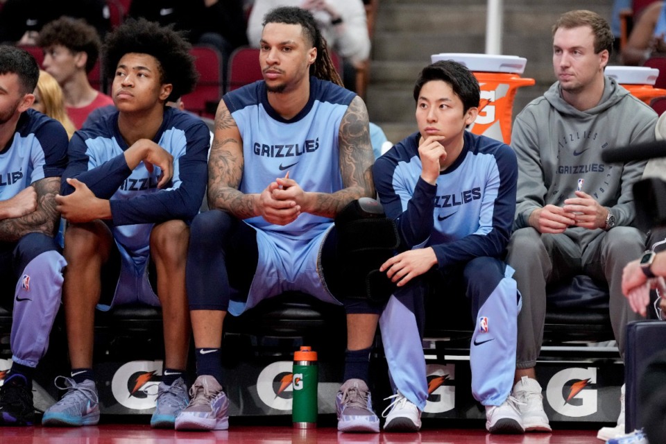 <strong>Memphis Grizzlies on the bench watch the game against the Houston Rockets slip awau, Friday, Oct. 25, 2024, in Houston.</strong> (Eric Christian Smith/AP)