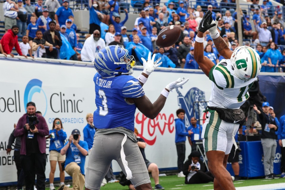 <strong>Memphis Tiger wide receiver Roc Taylor (3) catches the ball for a touchdown during the fourth quarter against Charlotte on Oct 26, 2024 at Simmons Bank Liberty Stadium.</strong> (Wes Hale/Special to The Daily Memphian)