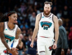 <strong>Saturday night marked the first time Grizzlies stars Morant, Jackson and Bane had shared the court at FedExForum in nearly 10 months. But fans also welcomed newcomers including center Jay Huff (right, celebrating a 3-pointer).</strong> (Mark Weber/The Daily Memphian)