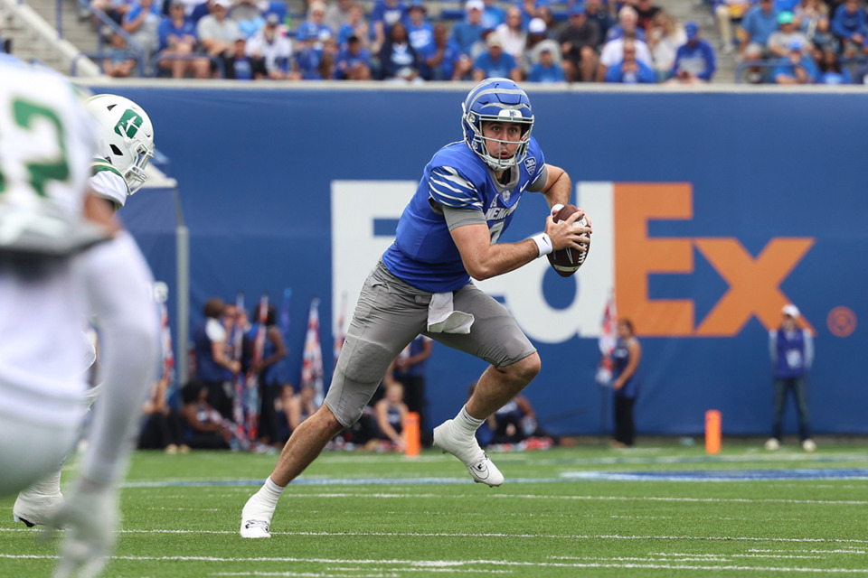 <strong>Memphis Tigers quarterback Seth Henigan (9) runs with the ball during the second quarter against Charlotte Oct. 26, 2024, at Simmons Bank Liberty Stadium.</strong> (Wes Hale/Special to The Daily Memphian)