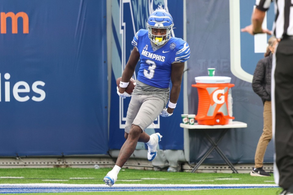 <strong>Memphis Tiger wide receiver Roc Taylor (3) celebrates during the fourth quarter against Charlotte on Oct 26, 2024, at Simmons Bank Liberty Stadium.</strong> (Wes Hale/Special to The Daily Memphian)