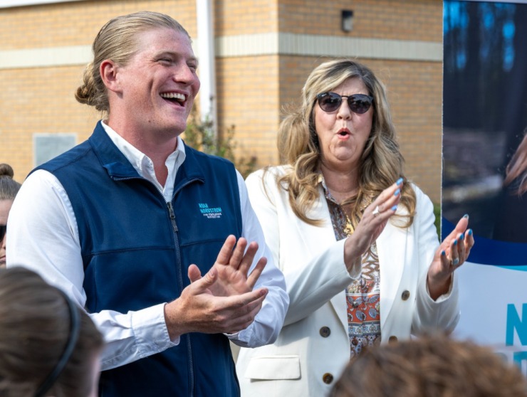 <strong>Noah Nordstrom, candidate for the State House District 83, campaigns alongside Gloria Johnson, candidate for the US Senate, Saturday morning, Oct. 24, 2024 at New Bethel Baptist Church in Germantown.</strong> (Greg Campbell/Special to The Daily Memphian)