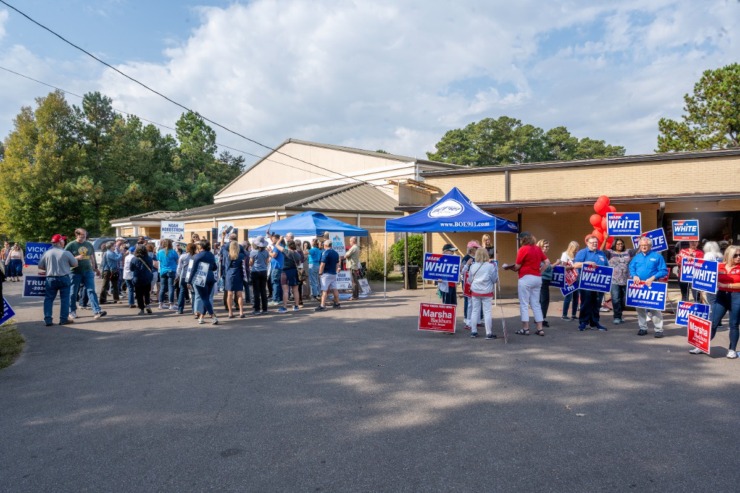 <strong>Hendrell Remus, Chairman of the Tennessee Democratic Party, along with Gloria Johnson, candidate for the US Senate, and Noah Nordstrom, candidate for the State House District 83, along with local candidates and Mark White, State Representive in District 83,, hold impromtu rallies at New Bethel Baptist Church in Germantown, an early voting site.</strong> (Greg Campbell/Special to The Daily Memphian)