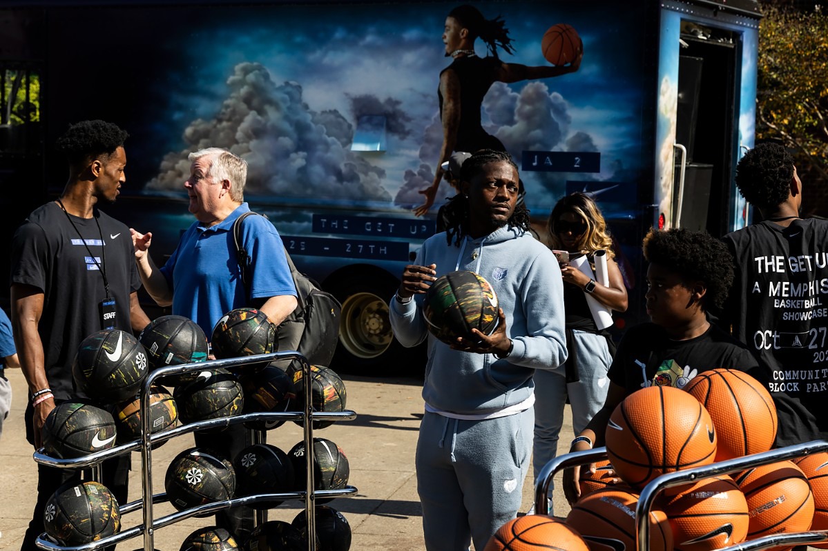 <strong>People shoot hoops during &ldquo;The Get Up" event hosted by Ja Morant and Nike at Snowden School on Sunday, Oct. 27, 2024. The event was a Memphis basketball showcase and community block party.</strong> (Brad Vest/Special to The Daily Memphian)