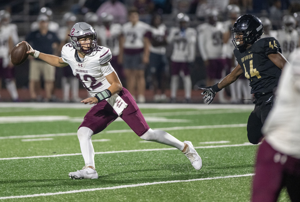 <strong>Collierville Dragon quarterback Grant Troutman (12) avoids Whitehaven's Corey Wherler (44) to pass downfield in Friday's Region 8 contest. Collierville won 27-6.</strong> (Greg Campbell/Special for The Daily Memphian)&nbsp;