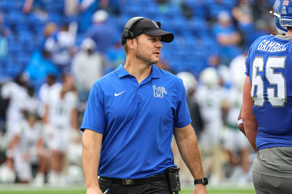 <strong>Memphis Tiger Head Coach Ryan Silverfield looks on during the fourth quarter against Charlotte on Oct 26, 2024 at Simmons Bank Liberty Stadium.</strong> (Wes Hale/Special to The Daily Memphian)